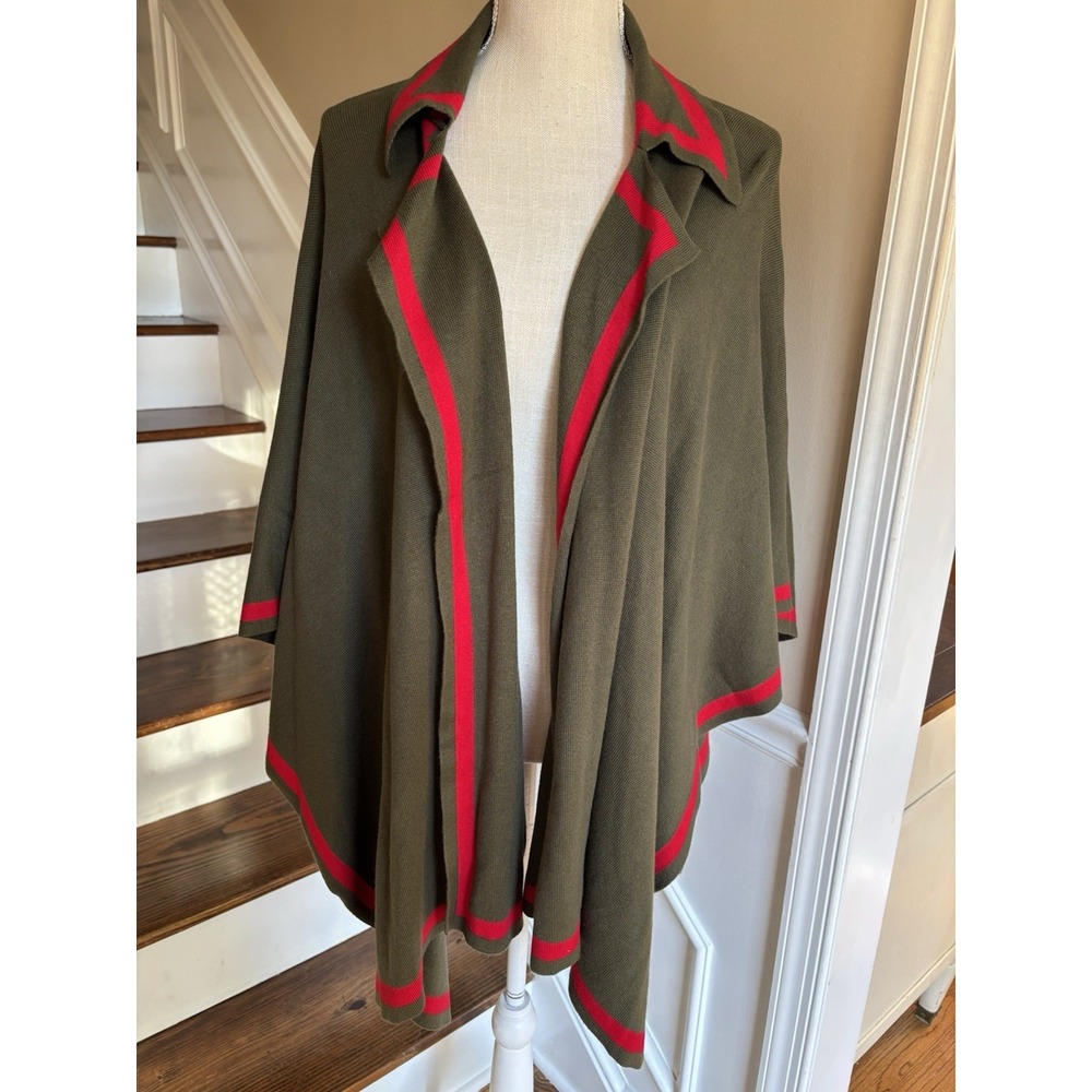 NWT‎ TALBOTS Womens Cape Collared Sweater Shawl Olive w/ Red Edge Sz ONE SIZE